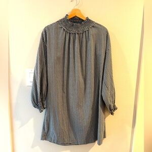 Zara Gingham Smocked Mock Neck Puff Sleeve Dress Black White size large